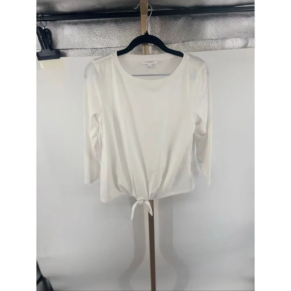 T by Talbots Women White Minimalist Crew Neck 3/4 Sleeve Tie Front Top Small